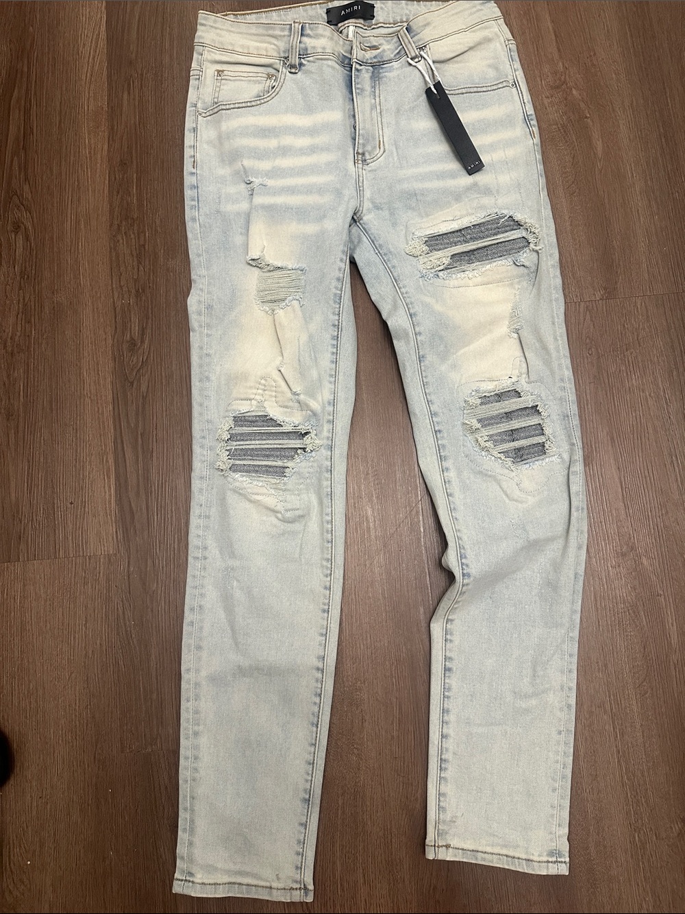AMIRI MX1 Pale Blue Distressed Straight Jeans